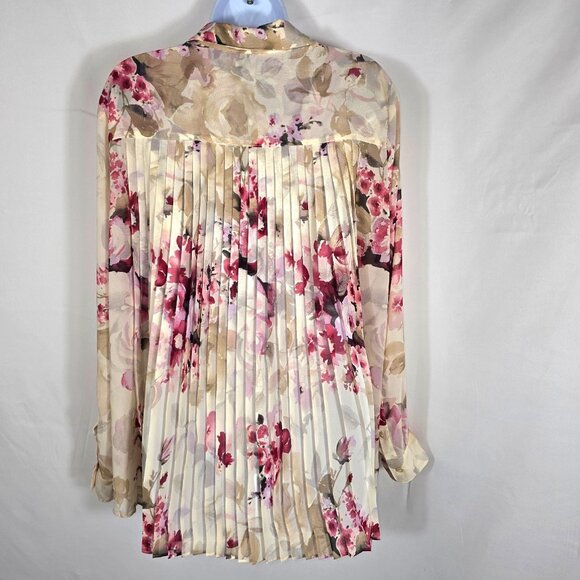 Womens Blouse Sz XL Beige & Pink Floral Sheer Button Down Long Sleeve Office - Picture 2 of 7